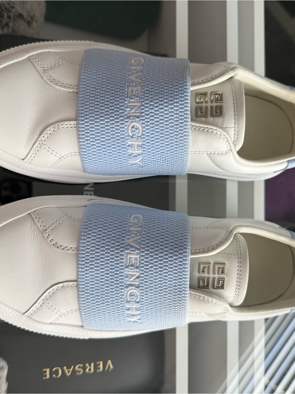 Givenchy White Leather Slip-Ons with Pale Blue Logo Band